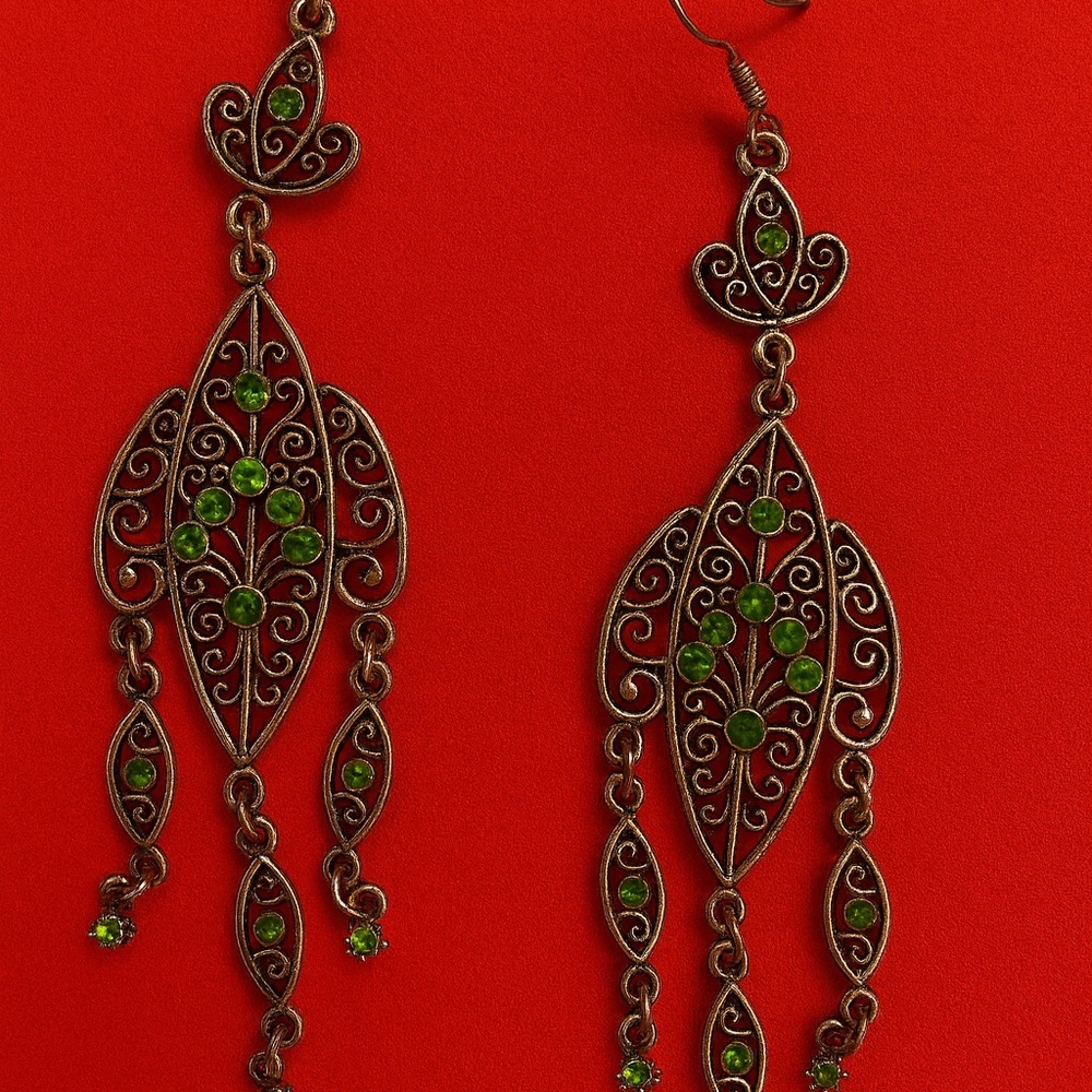 Elegant Silver and Green Filigree Earrings Boho
